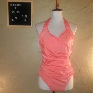 Vintage Pink Coral Side Ruching Halter One Piece Swimsuit Bathing Suit 14